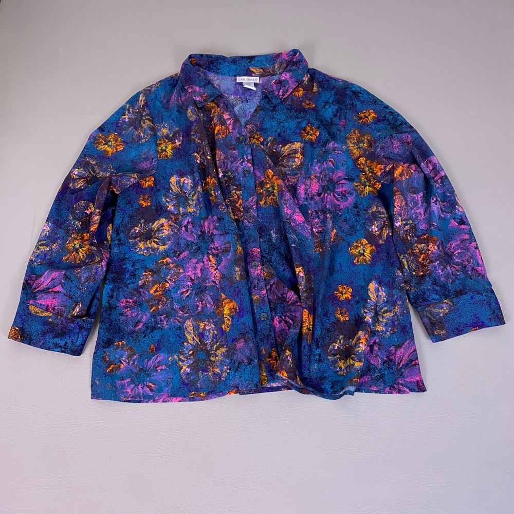 Catherines Blouse Top 22/24WP Petite Plus‎ 2XWP Blue Purple Abstract Floral